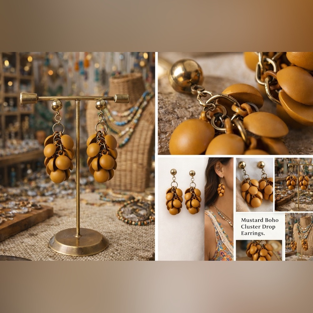 🤎Mustard Boho Cluster Drop Earrings | Vintage Style Statement🤎 - Picture 3 of 3